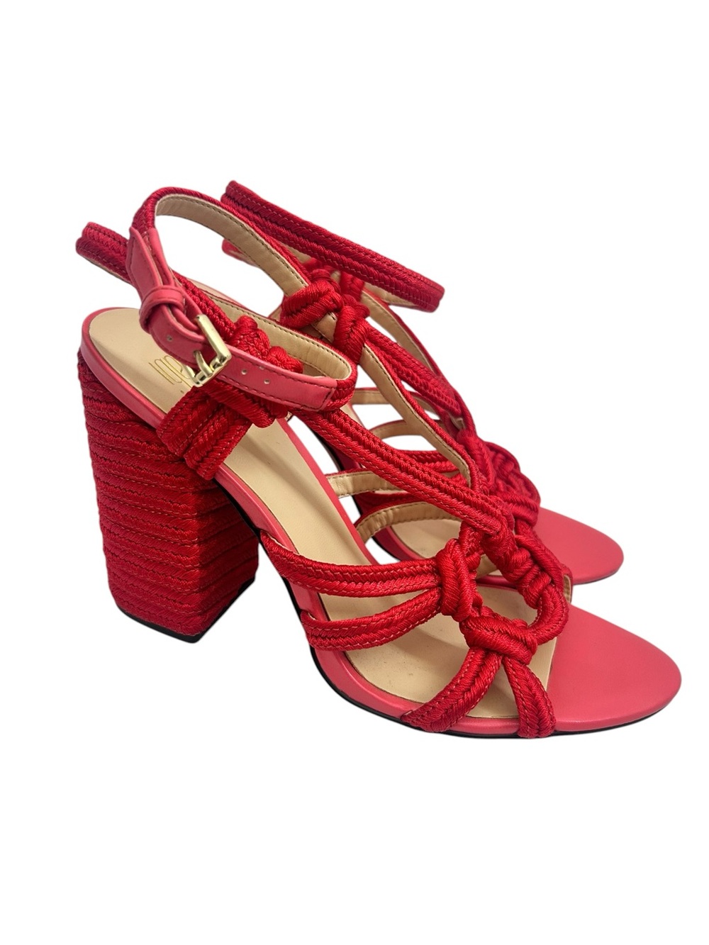 Cabi Tiptoe Rope Sandals Size 8 Hibiscus Red Ankle Strappy Block Heel - Picture 4 of 8